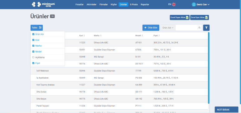 Product management screen to view all your products in one place.